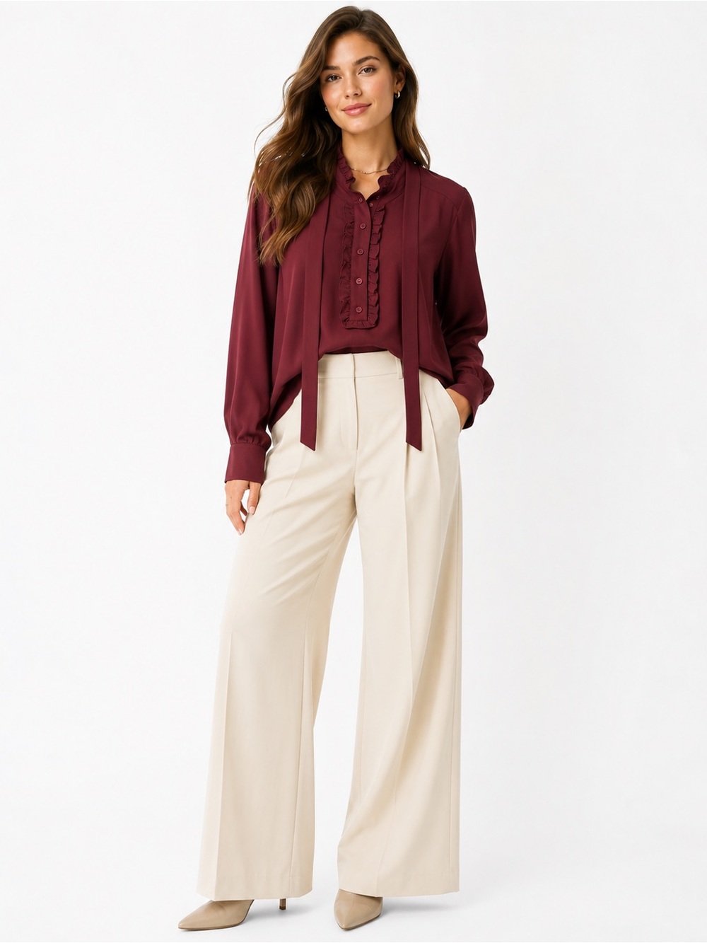 LOFT Women’s L Burgundy Ruffle High Neck Tie Blouse Long Sleeve SZ L Office Chic